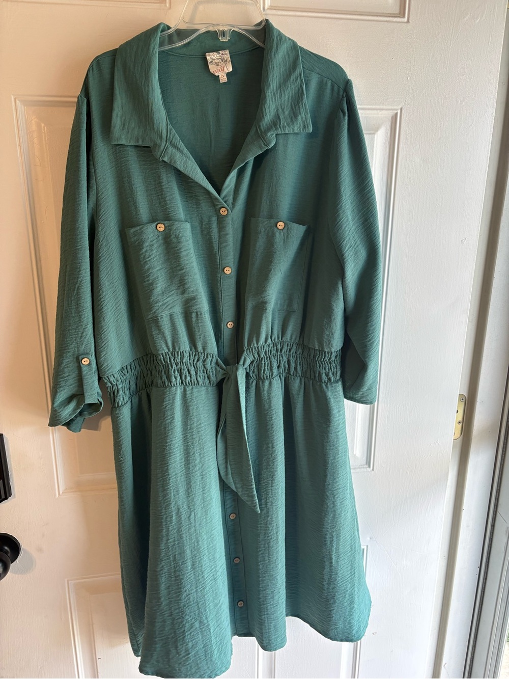 Button-Front Teal Shirt Dress with Waist Tie